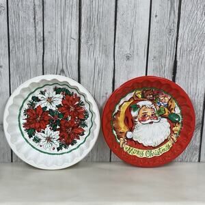 2 Vtg Plastic Christmas Serving Snack Candy Trays Round Scalloped 1970s 9” Santa